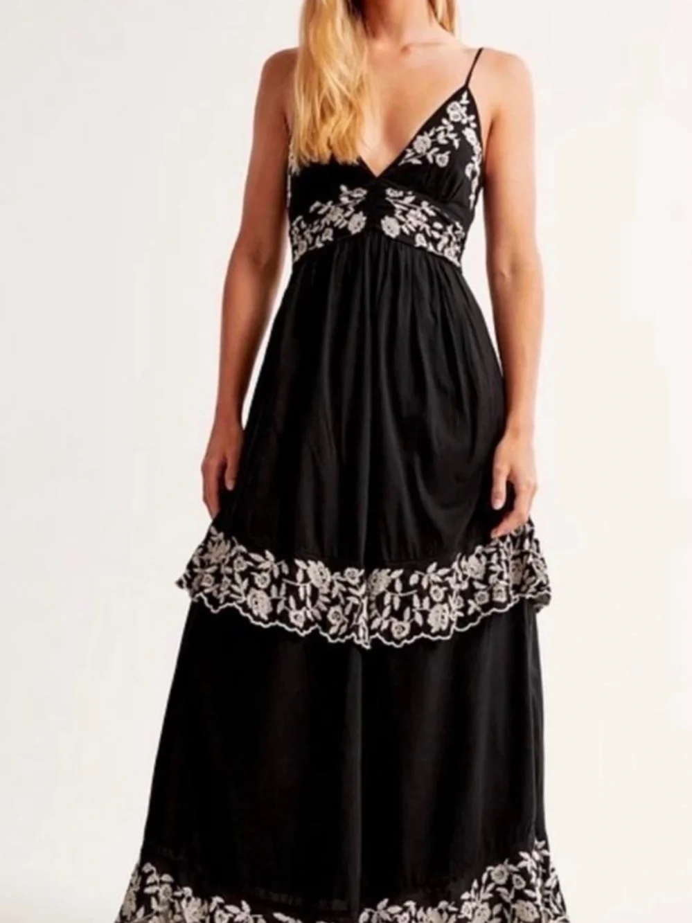 Abercrombie & Fitch Black Maxi Dress with White Floral Embroidery